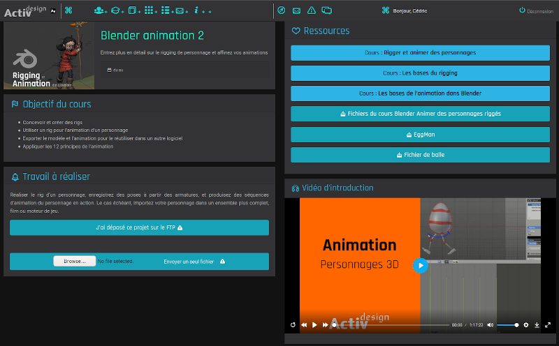 Accueil d’un cours dans la plateforme de formation en ligne Activdesign